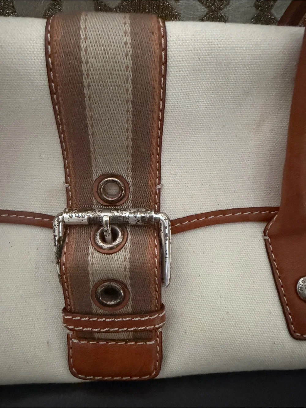 Michael Kors Cream Canvas Satchel with Brown Leather Trim